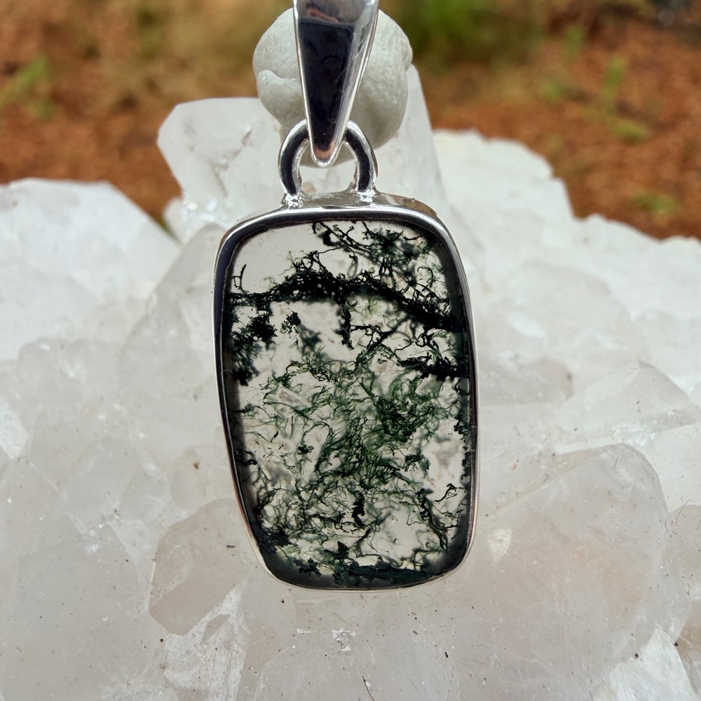 Moss Agate 925 Sterling Silver Rectangular Pendan… - image 4